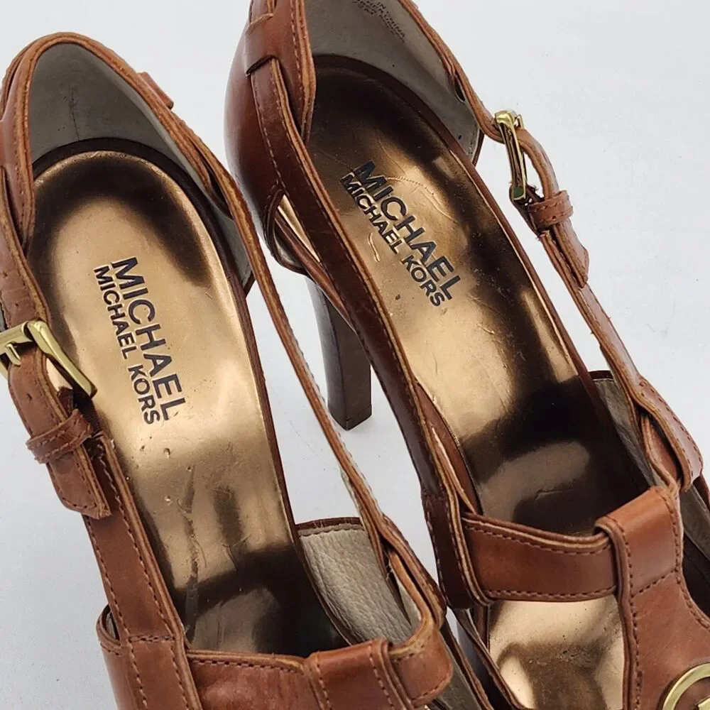 Michael Kors Logo Buckle Leather Peep Toe Platform Heels Brown Gold Size 9.5
